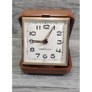 Working Vintage WESTCLOX Wind Up Travel Alarm Clock with Brown Folding Case